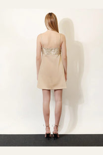Retrofete women’s Shyla satin mini dress in beige with gold sequined waistband and thin spaghetti straps