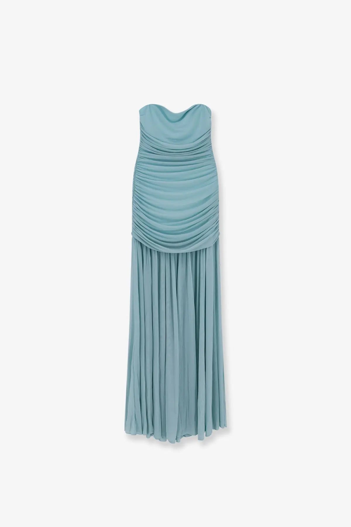 Retrofete women’s strapless long dress in mint green stretch fabric with draped bodice and pleated skirt