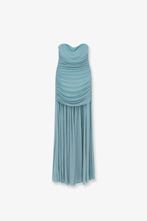 Retrofete women’s strapless long dress in mint green stretch fabric with draped bodice and pleated skirt
