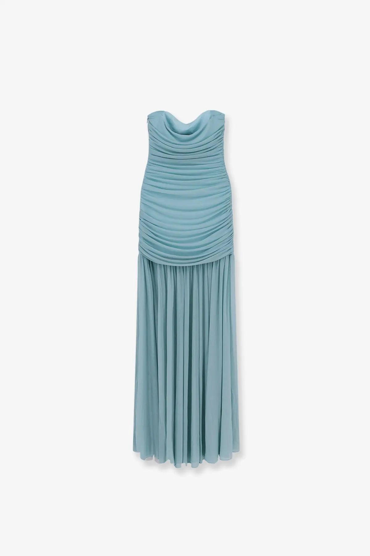 Retrofete women’s sleeveless light blue maxi dress with draped cowl neckline and pleated skirt in stretch fabric