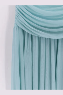 Retrofete women’s stretch fabric Adele long dress in light teal chiffon with ruched bodice and pleated skirt