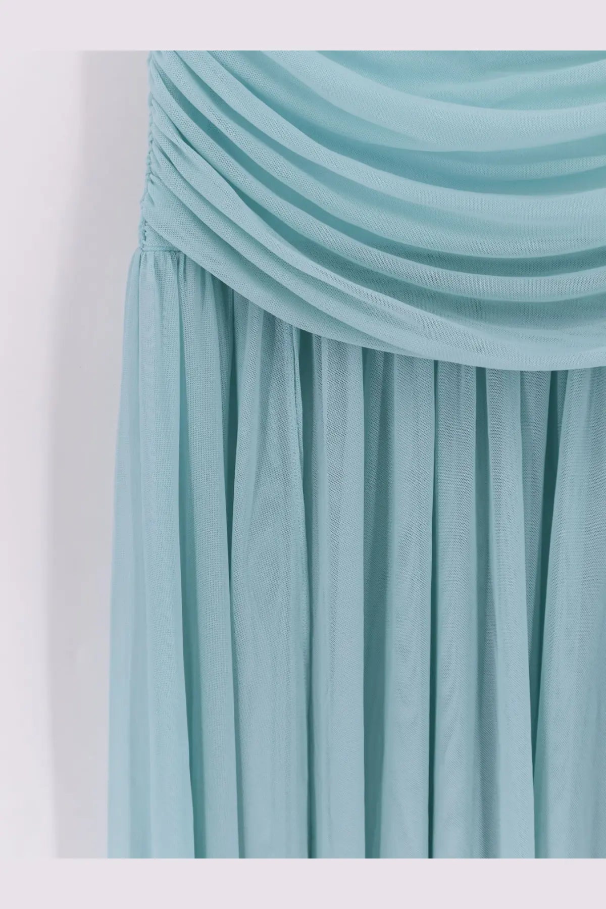 Retrofete women’s stretch fabric Adele long dress in light teal chiffon with ruched bodice and pleated skirt