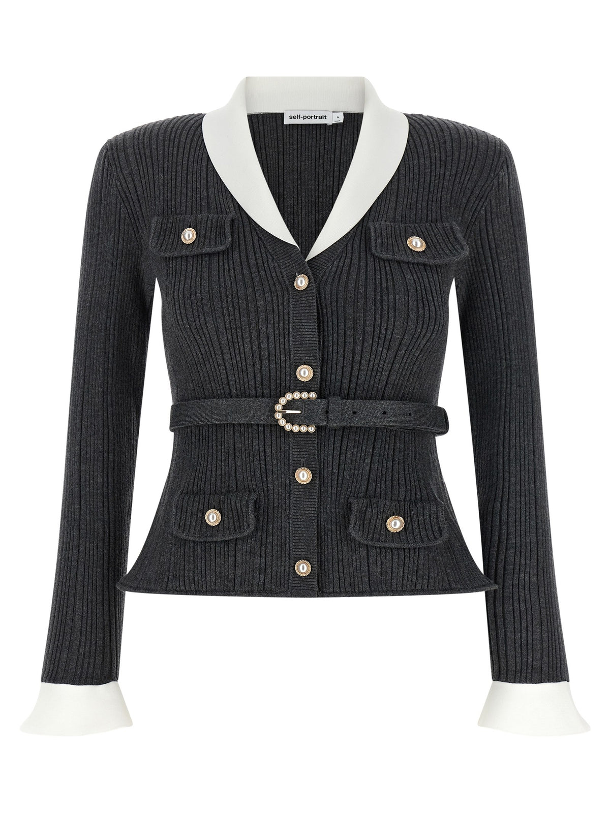 self-portrait Ribbed Cardigan Grey