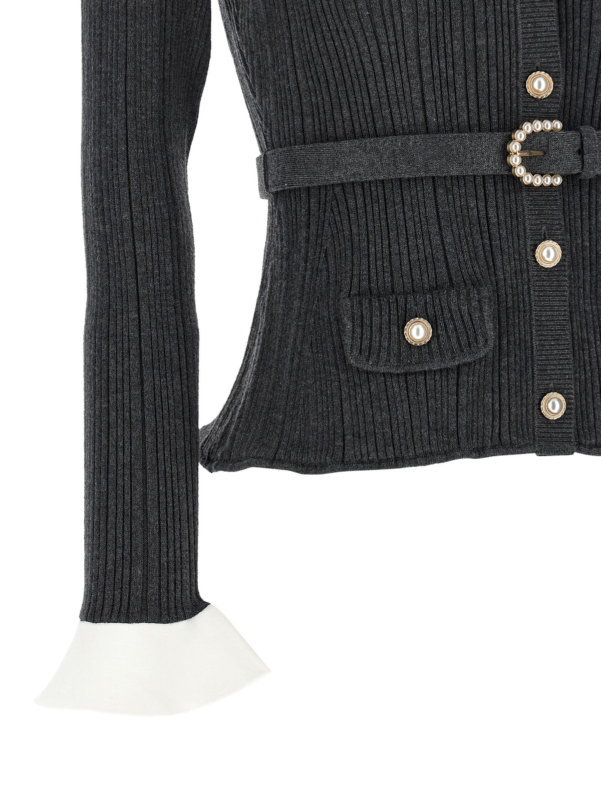 self-portrait Ribbed Cardigan Grey
