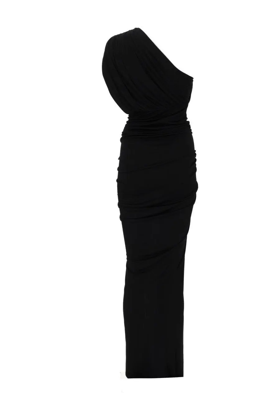 Rick Owens Lilies women’s black one-shoulder gown with ruched detailing along the side in elegant fabric