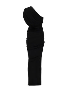 Rick Owens Lilies women’s black one-shoulder gown with ruched detailing along the side in elegant fabric