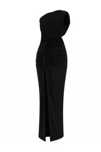 Rick Owens Lilies women’s black one-shoulder gown with ruched detailing and a high slit in luxurious fabric