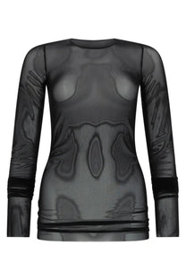 Rick Owens Lilies women’s basic long-sleeved black sheer top with subtle abstract pattern and ribbed cuffs