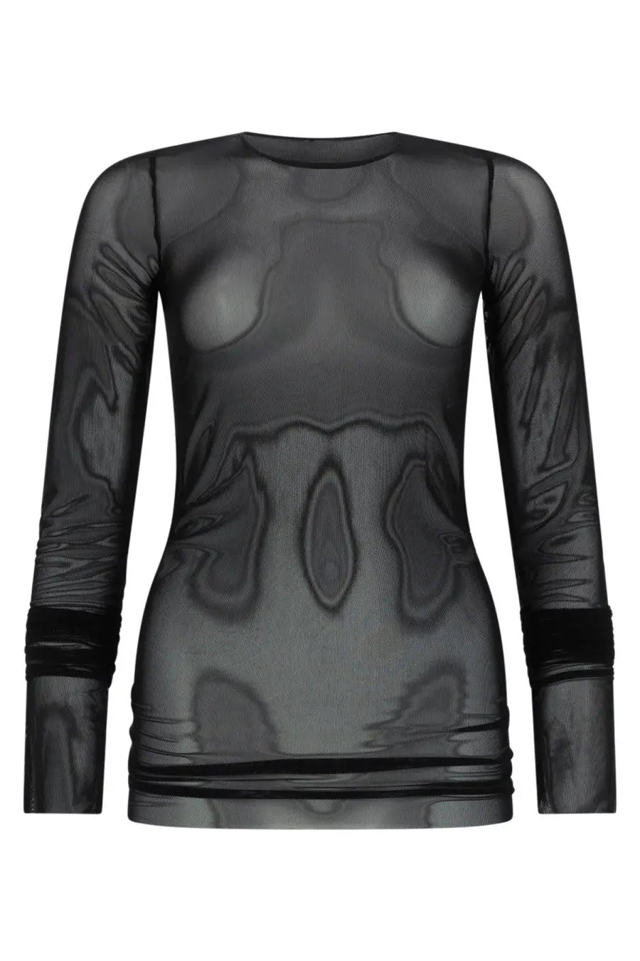 Rick Owens Lilies women’s basic long sleeve black sheer top with subtle abstract pattern and ribbed cuffs