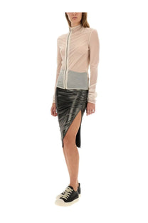 A sleek high-waisted black patent leather skirt with side slit and ruching in rick owens lilies draped midi style gray