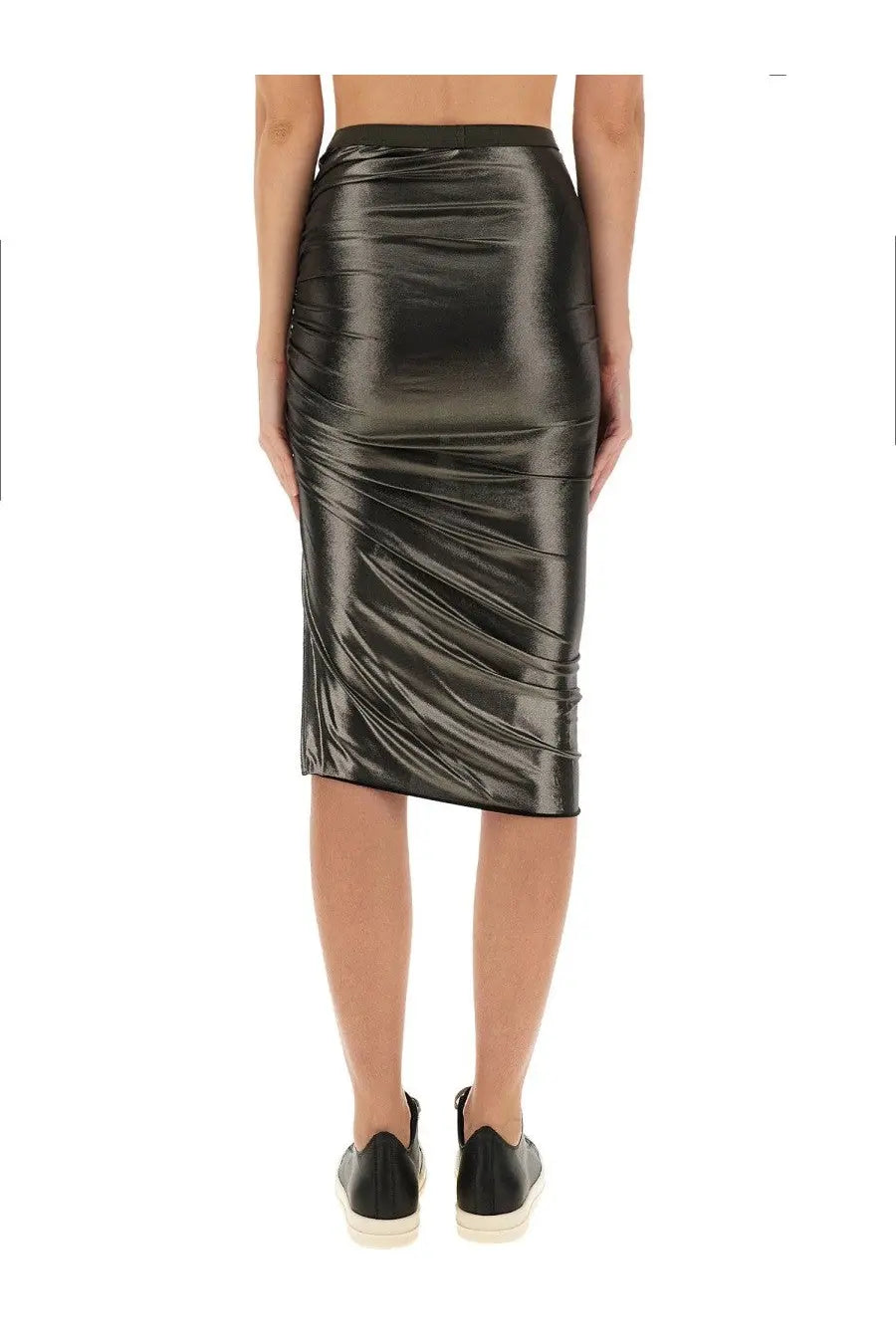 Rick Owens Lilies women’s metallic black pencil skirt with glossy finish and ruched detailing in draped midi style