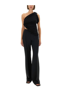 Rick Owens Lilies women’s black draped one shoulder top with cutout side detail paired with wide-leg trousers