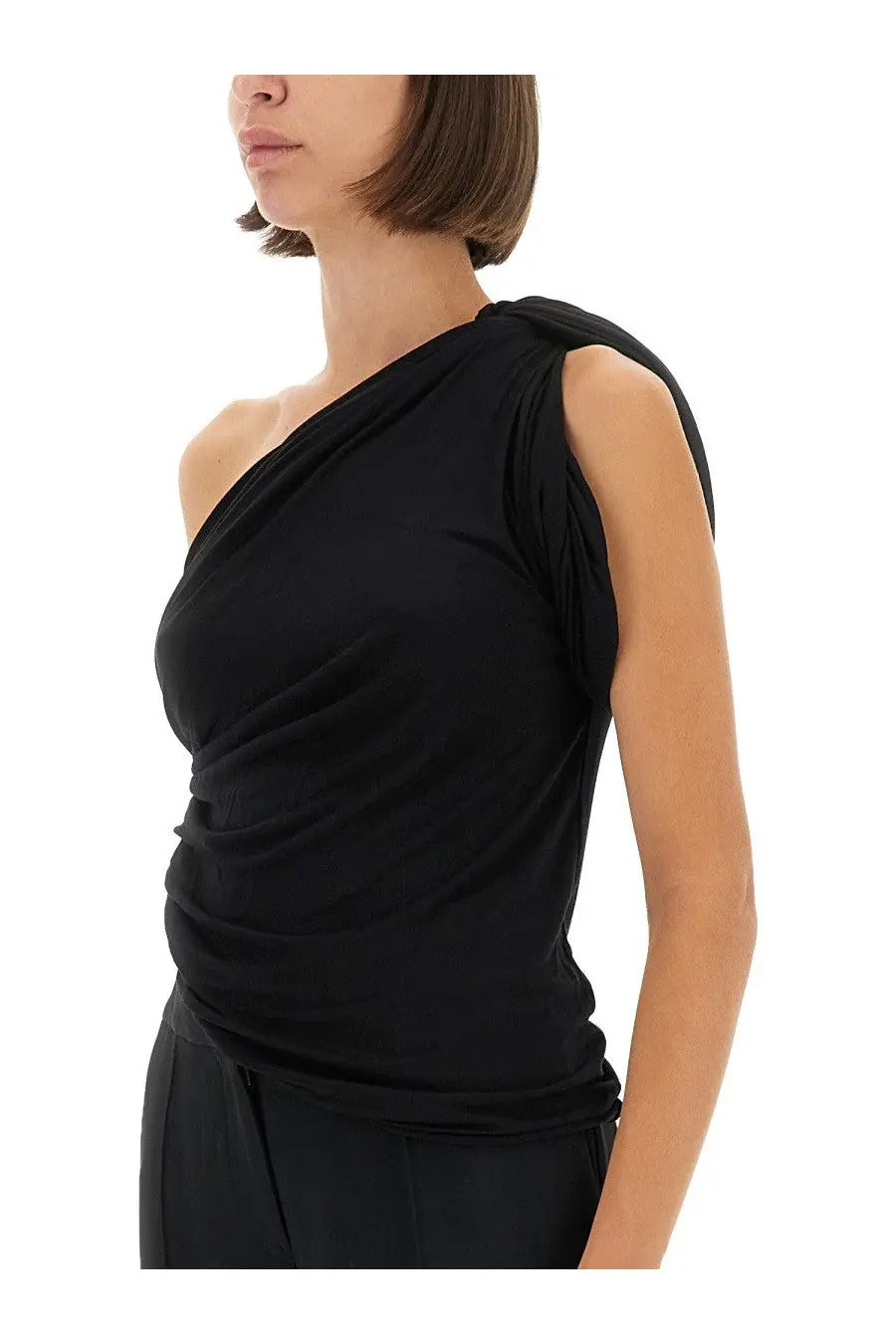 Rick owens lilies women’s black one-shoulder top with draped fabric and sleek minimalist design