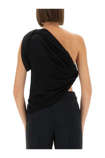 Rick Owens Lilies womens black draped one shoulder top with sleek flowing fabric design