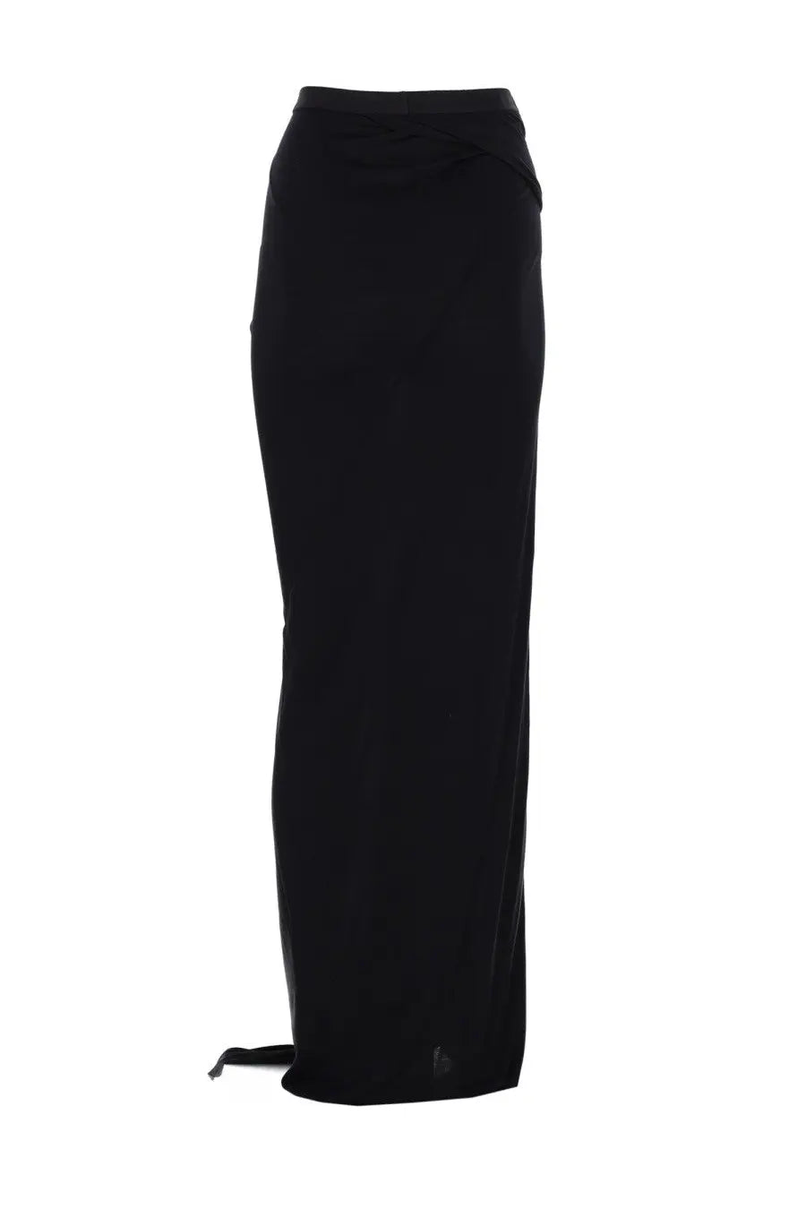Rick Owens Lilies women’s black high waisted maxi skirt with a sleek form fitting silhouette and subtle side slit