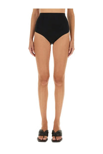 Rick Owens Lilies women’s black high waisted shorts with a smooth seamless design in the front view