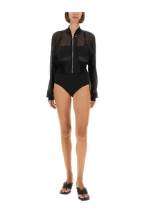 Black sheer bomber jacket with central zipper and long sleeves paired with rick owens lilies women’s high waisted shorts