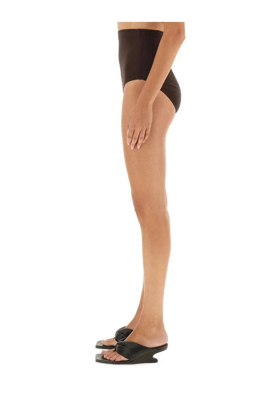 Black high-waisted bikini bottom with smooth form-fitting design shown from the back in Rick Owens Lilies collection