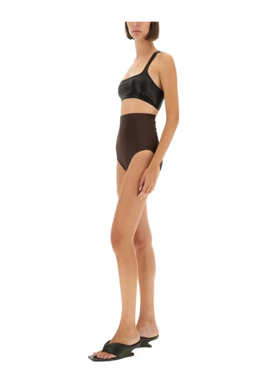 Black high-waisted bikini set with a glossy top and matte bottoms and brown rick owens lilies high waisted shorts