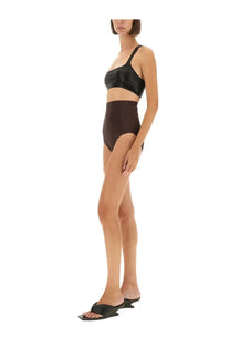 Black high-waisted bikini set with a glossy top and matte bottoms and brown rick owens lilies high waisted shorts