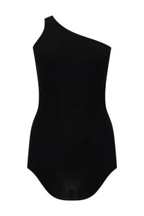 Black one-shoulder form-fitting bodysuit by Rick Owens Lilies featuring sleek material and modern design for women