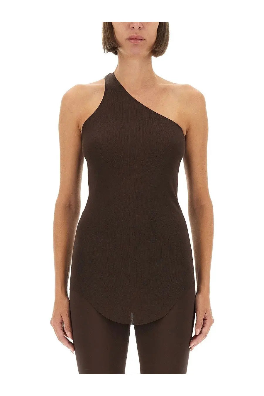 Rick Owens Lilies women’s brown one piece top with a sleek fitted silhouette and asymmetrical one shoulder neckline