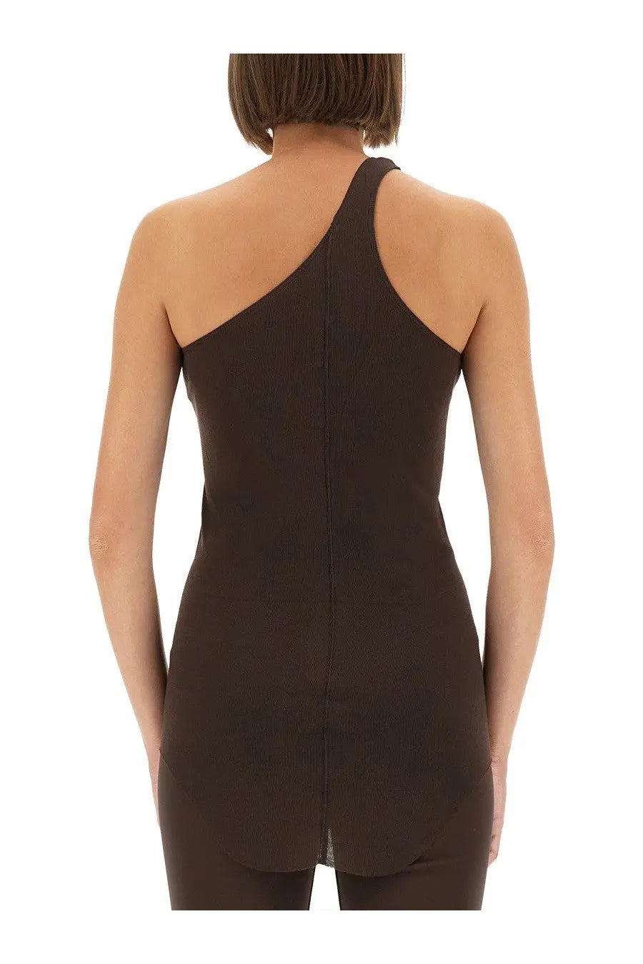 A sleek brown one-shoulder fitted dress with central back seam from Rick Owens Lilies, back view