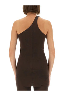A sleek brown one-shoulder fitted dress with central back seam from Rick Owens Lilies, back view
