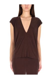 Rick Owens Lilies women’s sleeveless dark brown shirt with deep v-neckline and soft draping fabric