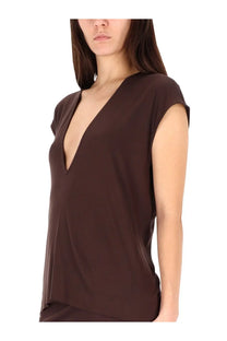 Rick Owens Lilies women’s sleeveless dark brown shirt with deep v-neckline and soft draping fabric