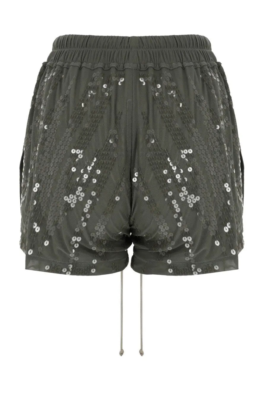 Olive green sequined Rick Owens Lilies women’s shorts boxers with elastic waistband and drawstring