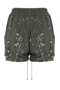 Olive green sequined Rick Owens Lilies women’s shorts boxers with elastic waistband and drawstring