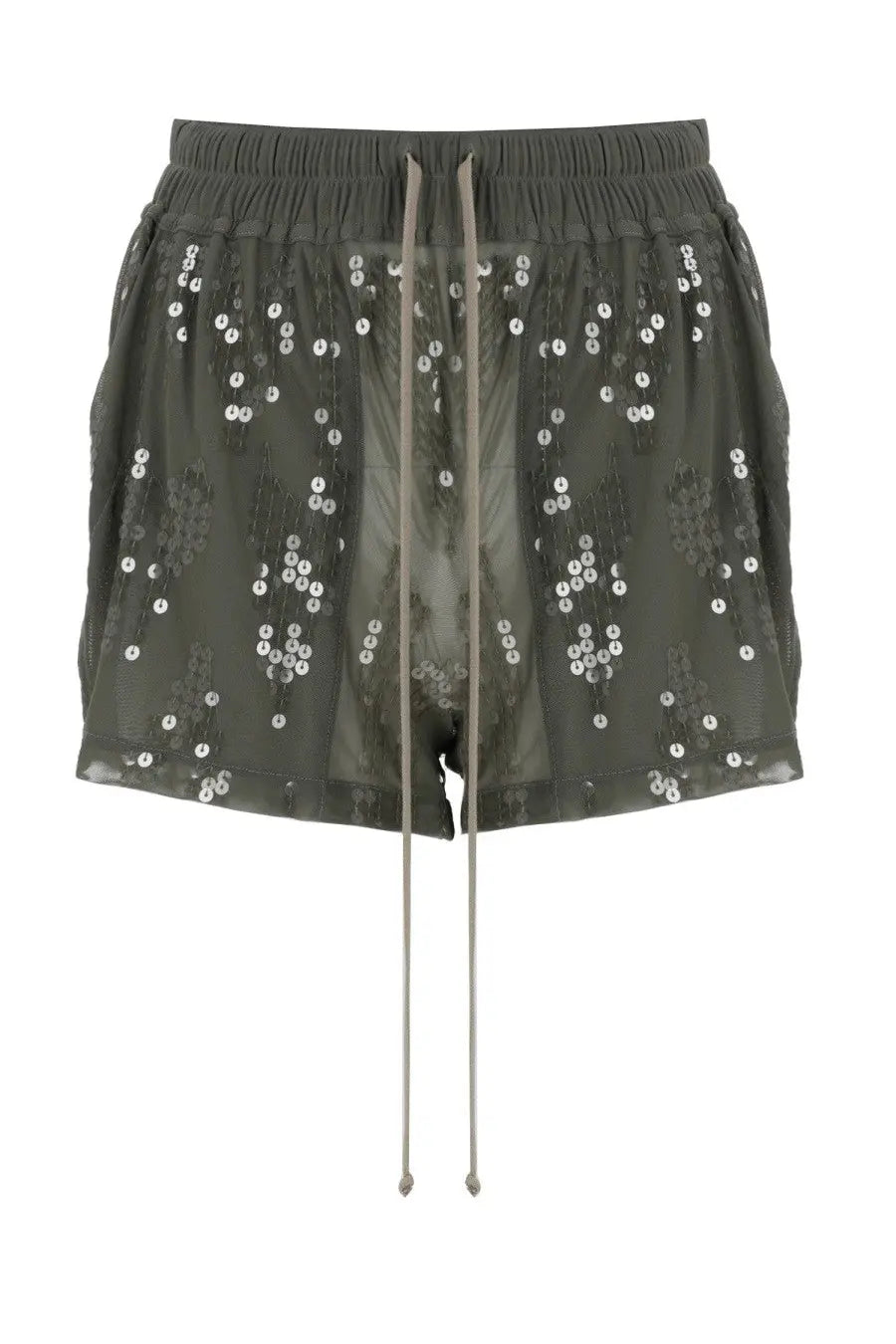 Olive green Rick Owens Lilies women’s shorts boxers with sheer sequined floral pattern and elastic waistband with drawstrings