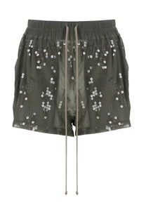 Olive green Rick Owens Lilies women’s shorts boxers with sheer sequined floral pattern and elastic waistband with drawstrings