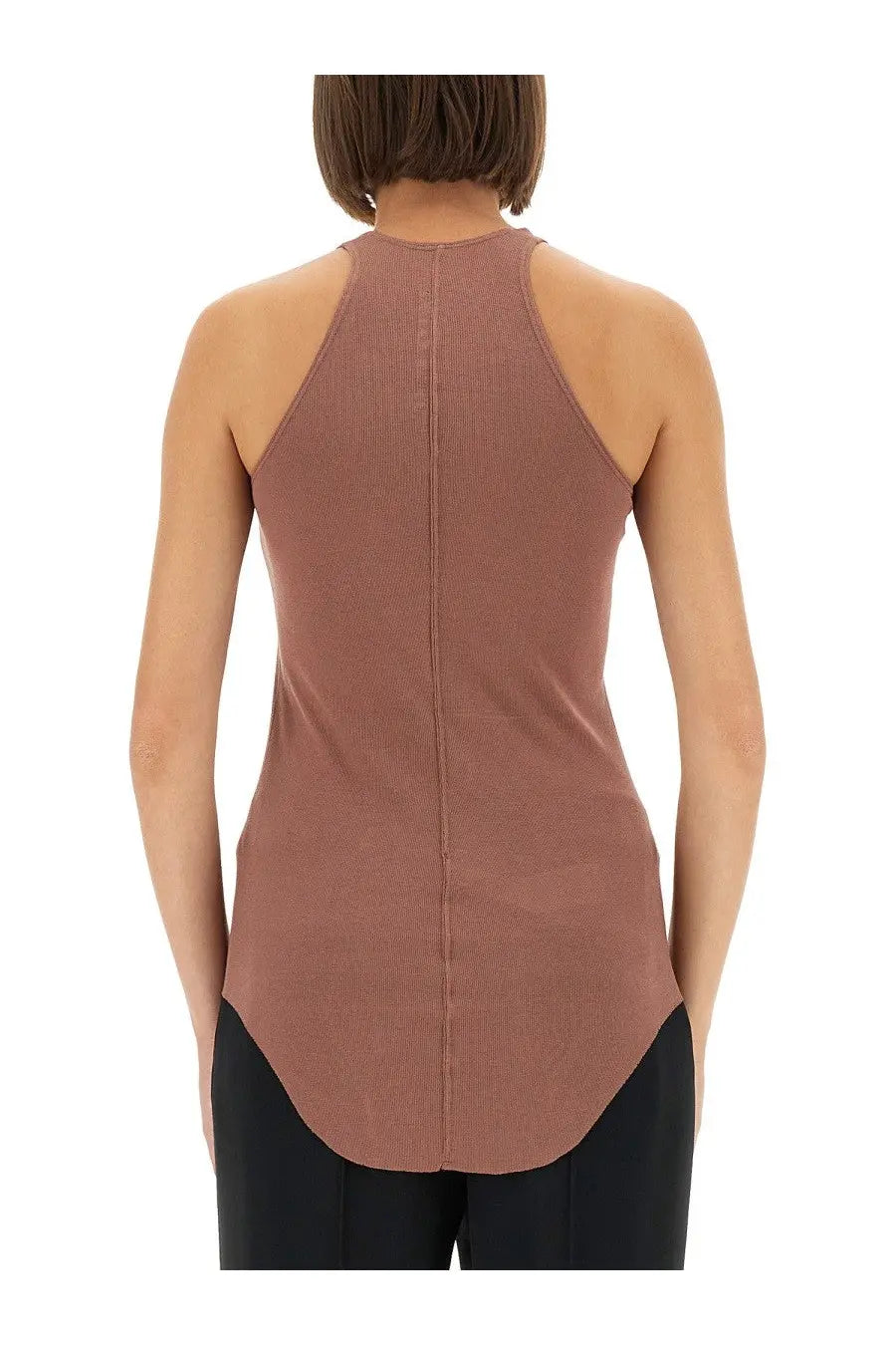 Rick Owens Lilies women’s ribbed dusty rose halter neck tank top with high-low hemline in basic blue style