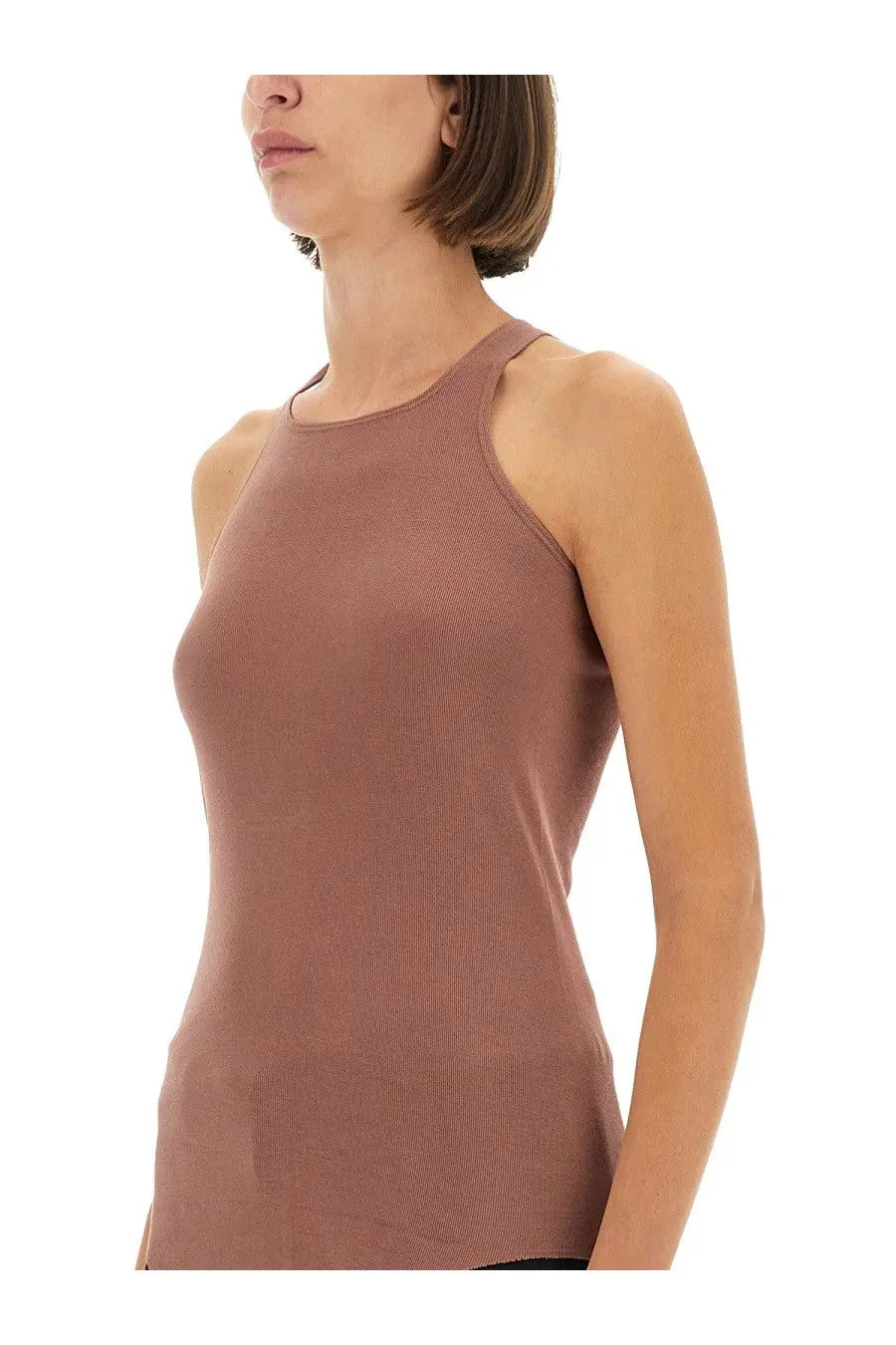 Rick Owens Lilies women’s mauve ribbed racerback tank top with high neckline and thin shoulder straps