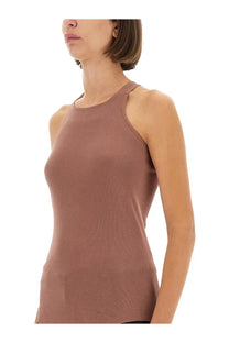 Rick Owens Lilies women’s mauve ribbed racerback tank top with high neckline and thin shoulder straps