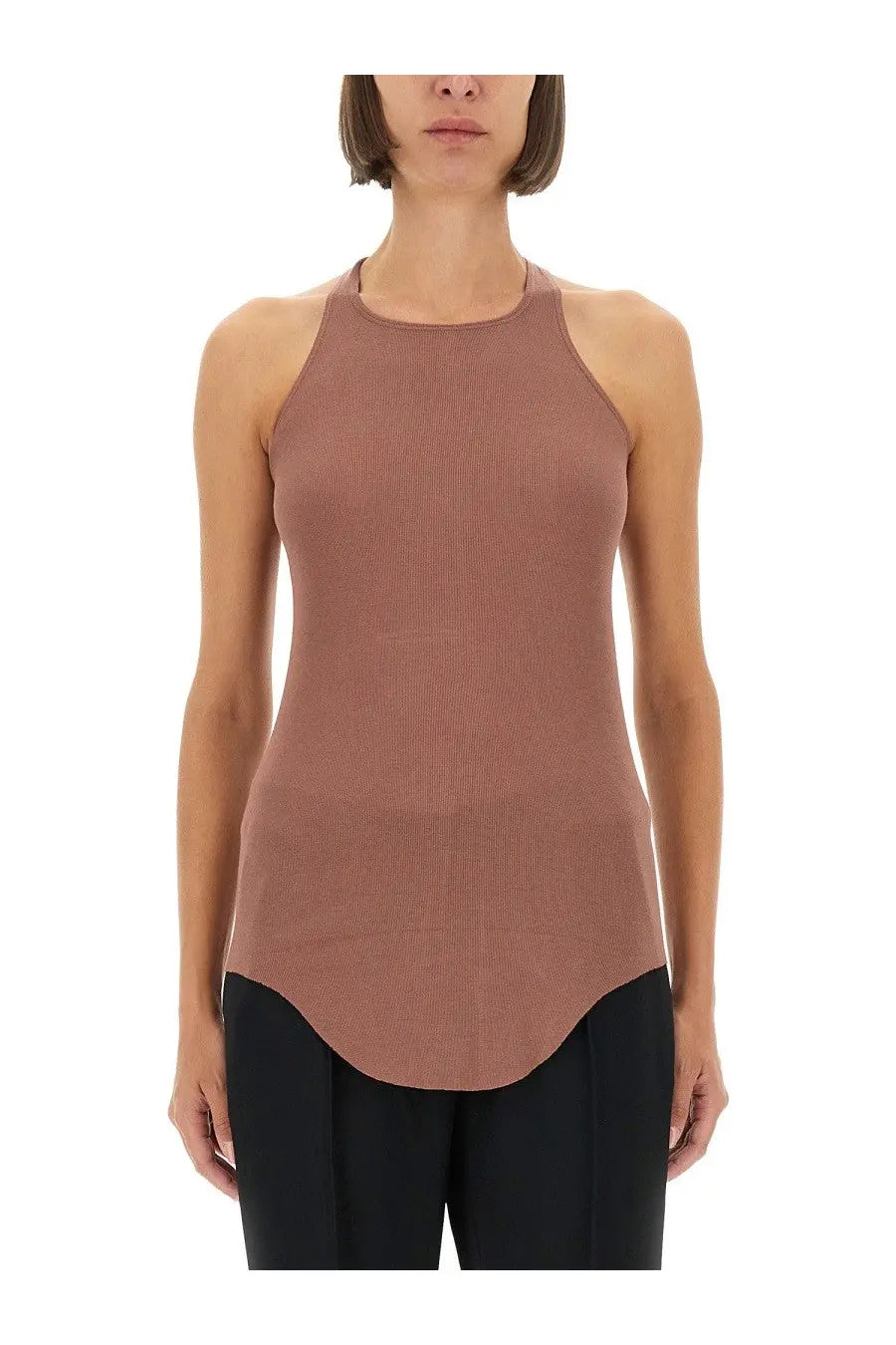 Rick Owens Lilies women’s tank top in basic blue with sleek ribbed taupe halter neck and curved hemline
