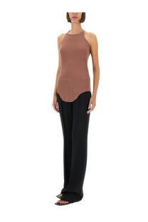 Rick Owens Lilies women’s taupe halter-neck top with flowing silhouette and subtle asymmetrical hemline