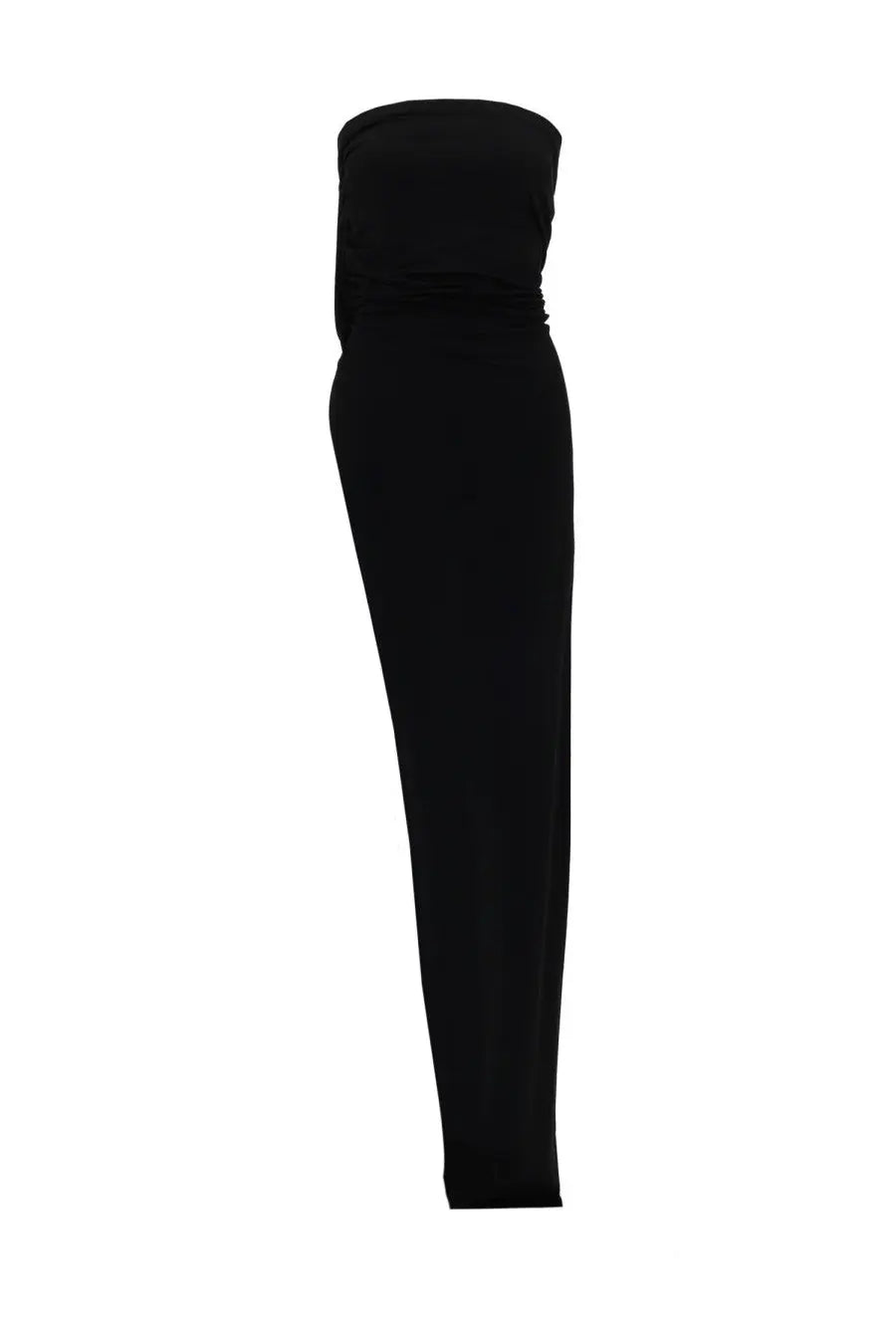 Rick Owens Lilies women’s black strapless jumpsuit with fitted bodice and straight-leg cut in edfu fabric