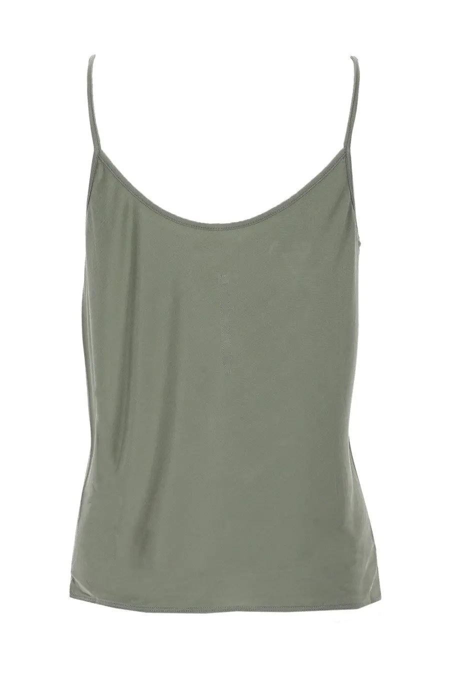 Rick Owens Lilies women’s top in olive green satin with delicate spaghetti straps and a flowing camisole silhouette
