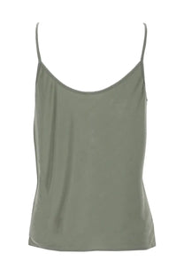 Rick Owens Lilies women’s top in olive green satin with delicate spaghetti straps and a flowing camisole silhouette