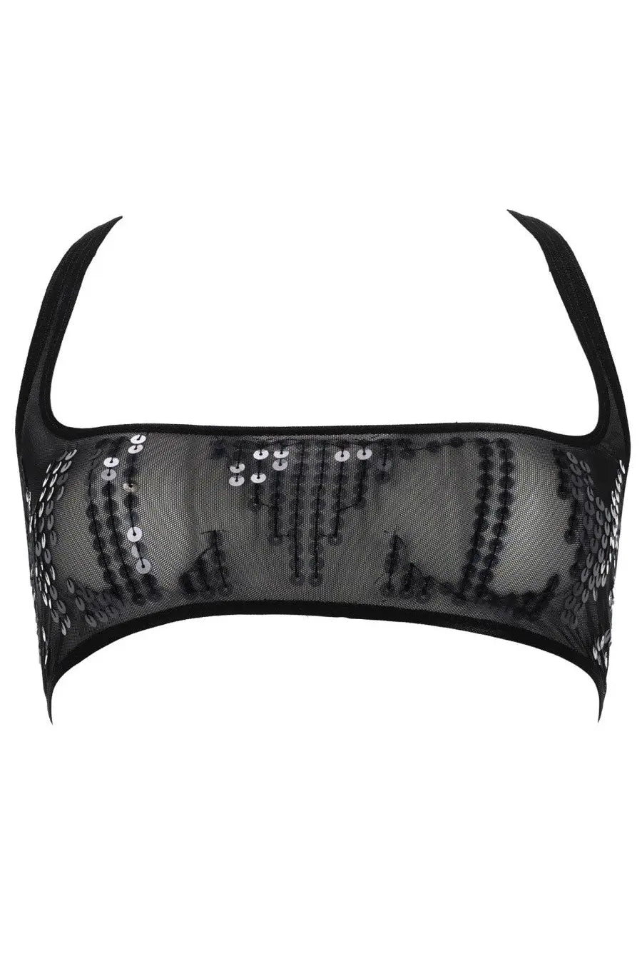 Rick owens lilies women’s unhorny black top featuring black mesh bra with silver sequin vertical patterns