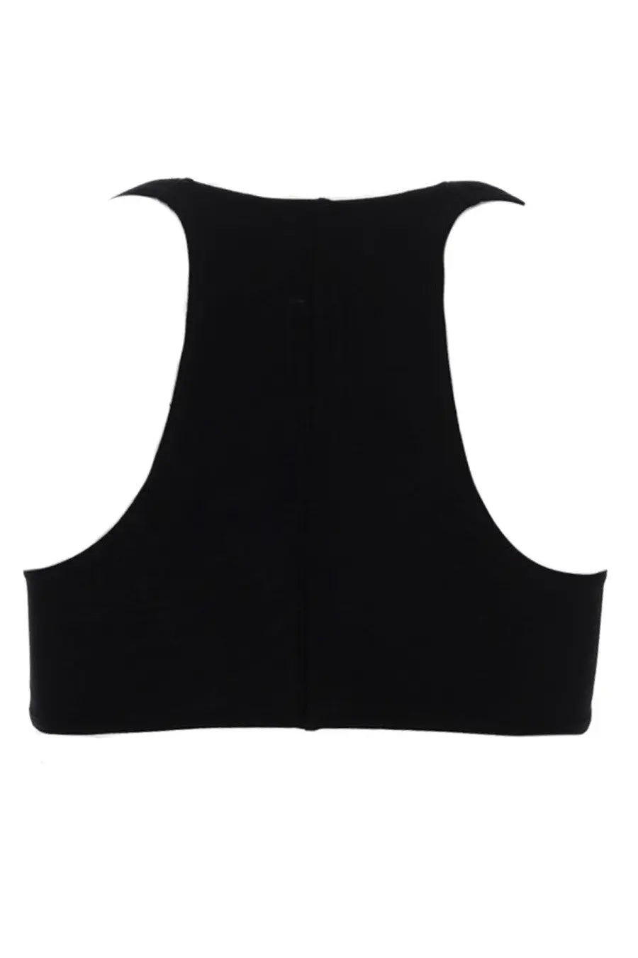 Back view of rick owens lilies women’s black sleeveless top with fitted structured back and angular shoulder cutouts