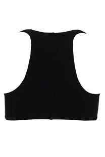 Back view of rick owens lilies women’s black sleeveless top with fitted structured back and angular shoulder cutouts