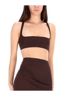 Rick Owens Lilies women’s brown crop top with thin straps square neckline made from smooth stretch fabric