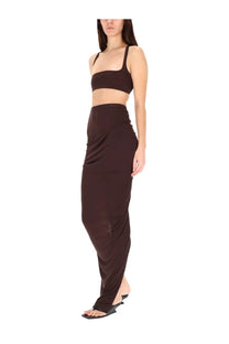 A sleek dark brown high waisted maxi skirt by rick owens lilies featuring a draped asymmetrical design