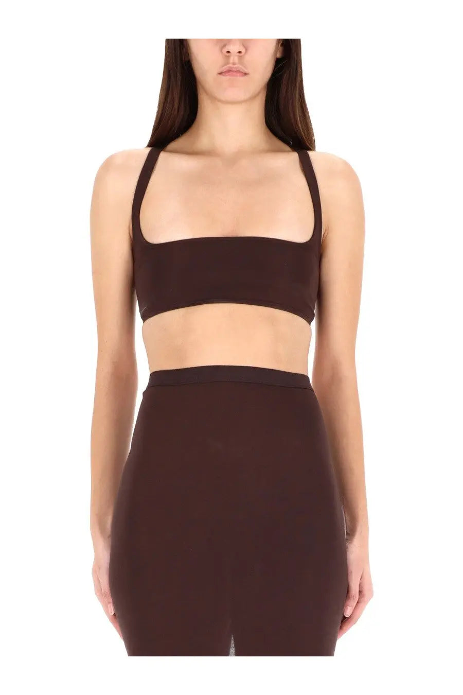 Rick Owens Lilies women’s brown solid crop top with thin straps and minimalist design in unhorny brown color