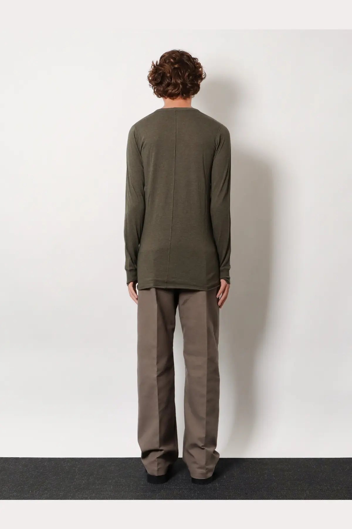 Rick Owens men’s basic long-sleeved olive green viscose blend shirt back with subtle vertical seam detail