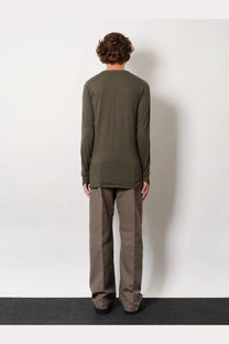Rick Owens men’s basic long-sleeved olive green viscose blend shirt back with subtle vertical seam detail